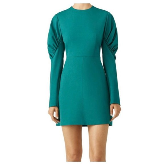 Tibi Midori Florence Puff Sleeve Crepe Mini Dress 4 Green - Picture 1 of 8